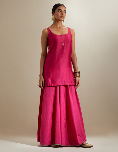 Handcraft Strappy Short Kurti with Cotton Sharara & Embroidered Katan Dupatta – Hot Pink (Set of 3) | Vinusto