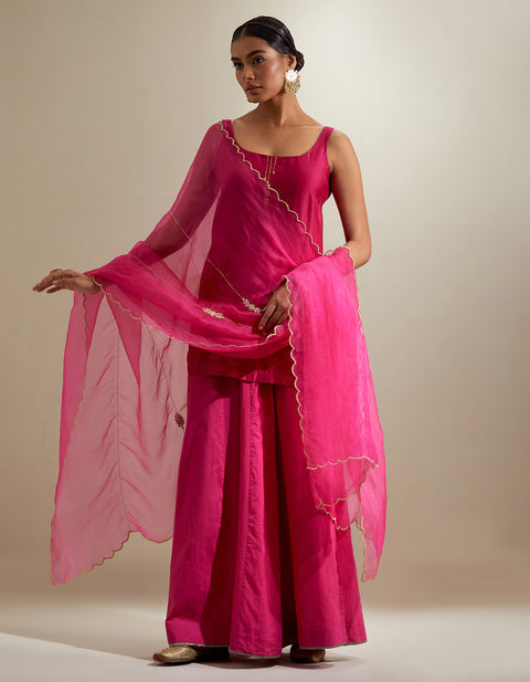 Shop Strappy Short Kurti with Cotton Sharara & Embroidered Katan Dupatta – Hot Pink (Set of 3) | Vinusto