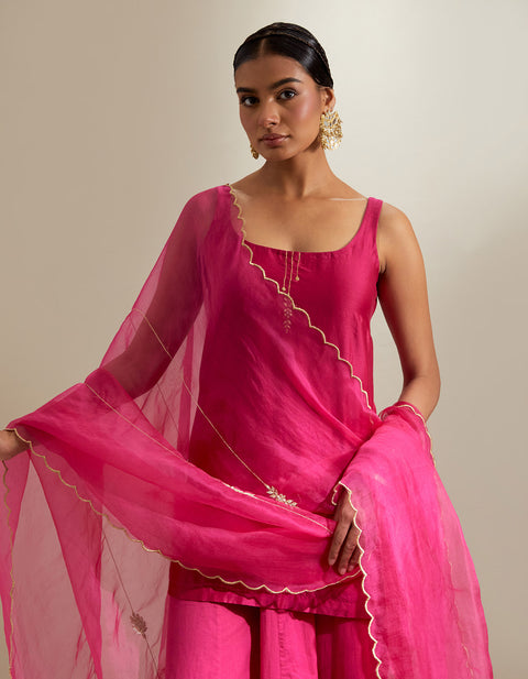 Order Strappy Short Kurti with Cotton Sharara & Embroidered Katan Dupatta – Hot Pink (Set of 3) | Vinusto