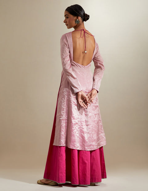 100% Authentic Pink Zari Anarkali with Flared Cotton Palazzo & Chanderi Dupatta (Set of 3) | Vinusto