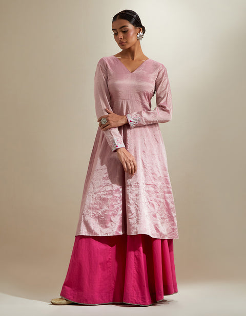 Buy Pink Zari Anarkali with Flared Cotton Palazzo & Chanderi Dupatta (Set of 3) | Vinusto