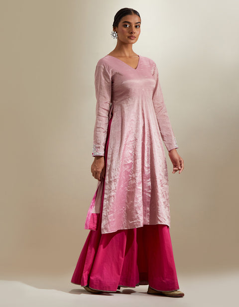 Luxury Pink Zari Anarkali with Flared Cotton Palazzo & Chanderi Dupatta (Set of 3) | Vinusto