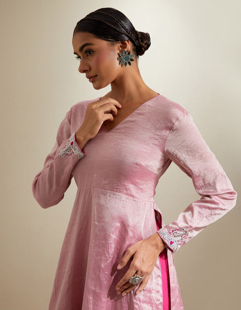 Handcraft Pink Zari Anarkali with Flared Cotton Palazzo & Chanderi Dupatta (Set of 3) | Vinusto
