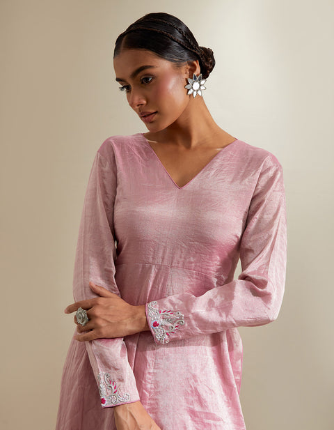 Order Pink Zari Anarkali with Flared Cotton Palazzo & Chanderi Dupatta (Set of 3) | Vinusto