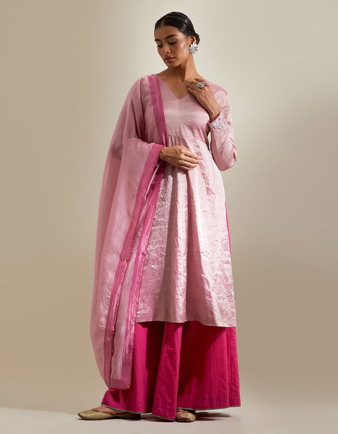 Shop Pink Zari Anarkali with Flared Cotton Palazzo & Chanderi Dupatta (Set of 3) | Vinusto