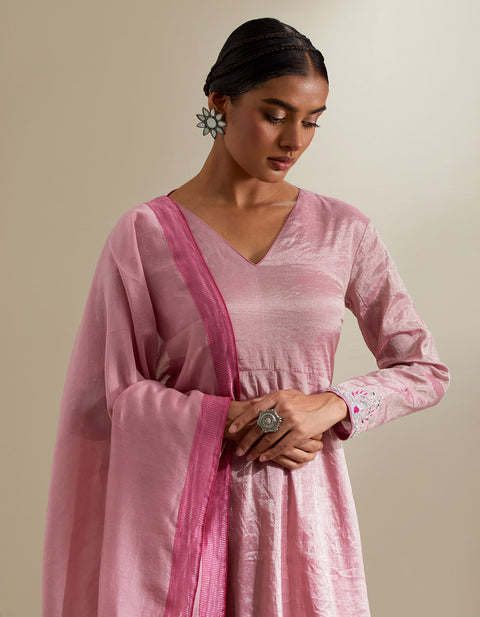 Premium Pink Zari Anarkali with Flared Cotton Palazzo & Chanderi Dupatta (Set of 3) | Vinusto