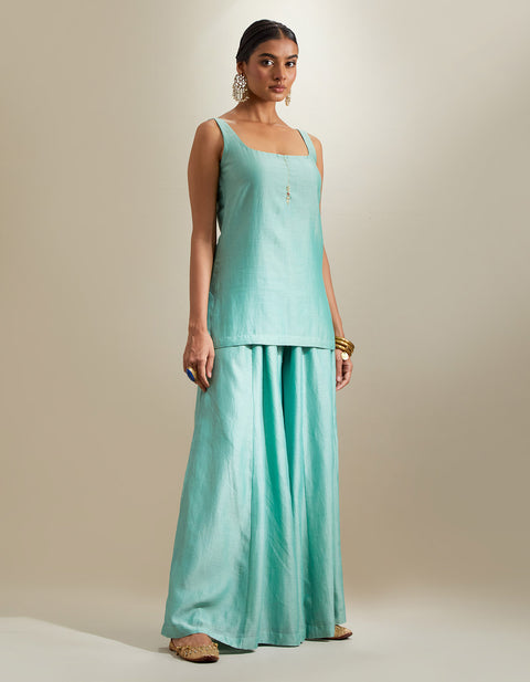 Premium Strappy Mint Chanderi Kurti with Sharara & Embroidered Katan Dupatta | Vinusto