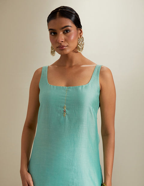 Handcraft Strappy Mint Chanderi Kurti with Sharara & Embroidered Katan Dupatta | Vinusto