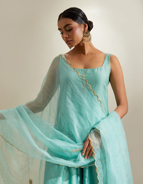 Order Strappy Mint Chanderi Kurti with Sharara & Embroidered Katan Dupatta | Vinusto