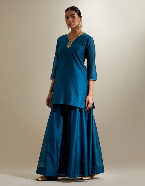 Handcraft Teal V-Neck Chanderi Kurti & Sharara with Mint Gota Dupatta (Set of 3) | Vinusto