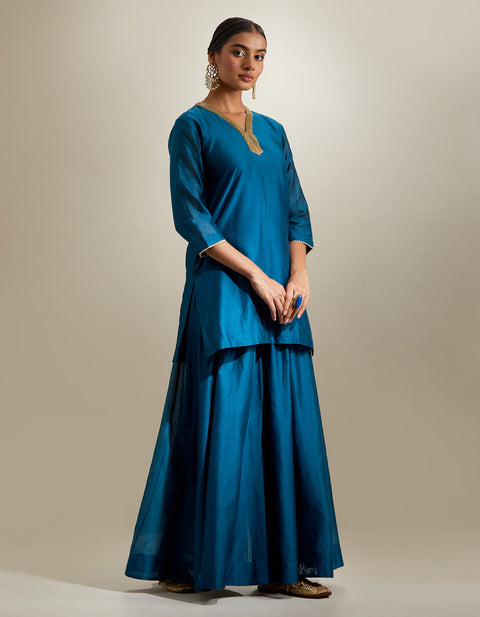Luxury Teal V-Neck Chanderi Kurti & Sharara with Mint Gota Dupatta (Set of 3) | Vinusto