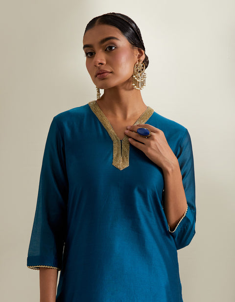 Premium Teal V-Neck Chanderi Kurti & Sharara with Mint Gota Dupatta (Set of 3) | Vinusto