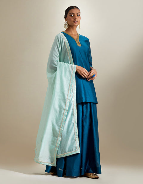 Shop Teal V-Neck Chanderi Kurti & Sharara with Mint Gota Dupatta (Set of 3) | Vinusto