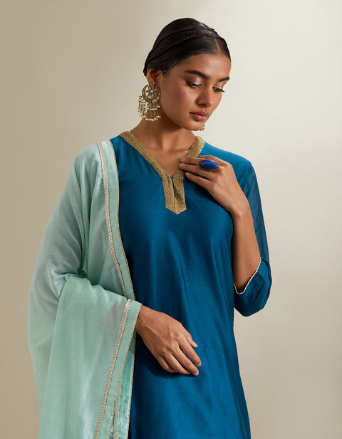 Order Teal V-Neck Chanderi Kurti & Sharara with Mint Gota Dupatta (Set of 3) | Vinusto