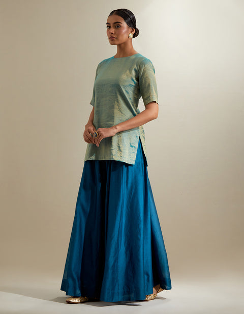 Luxury Aqua-Gold Short Kurta & Teal Sharara with Embroidered Katan Organza Dupatta (Set of 3) | Vinusto