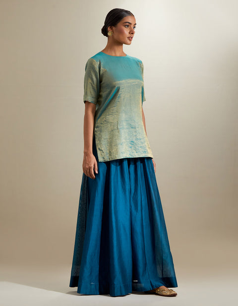 Handcraft Aqua-Gold Short Kurta & Teal Sharara with Embroidered Katan Organza Dupatta (Set of 3) | Vinusto