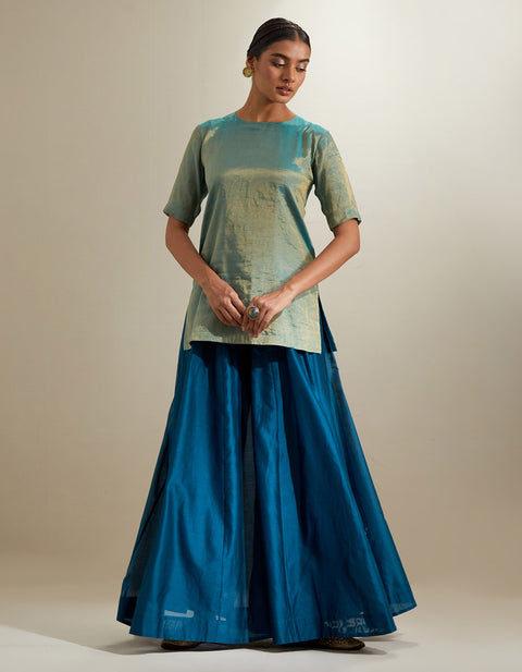 Buy Aqua-Gold Short Kurta & Teal Sharara with Embroidered Katan Organza Dupatta (Set of 3) | Vinusto