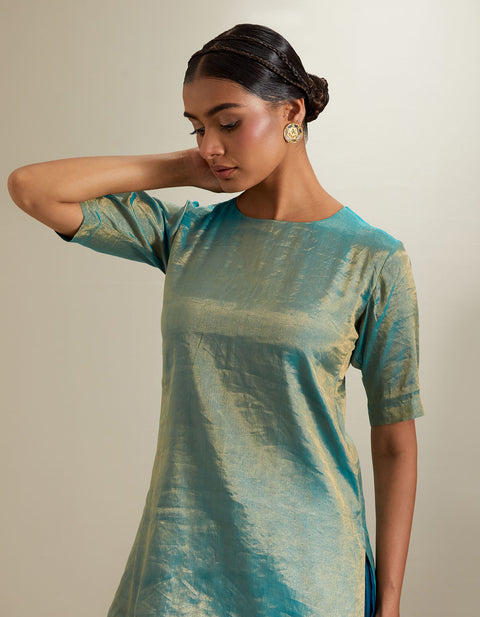 Premium Aqua-Gold Short Kurta & Teal Sharara with Embroidered Katan Organza Dupatta (Set of 3) | Vinusto