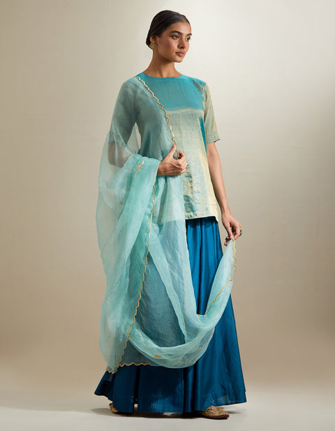 Shop Aqua-Gold Short Kurta & Teal Sharara with Embroidered Katan Organza Dupatta (Set of 3) | Vinusto