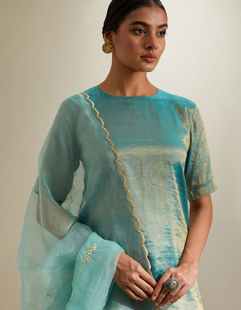 Order Aqua-Gold Short Kurta & Teal Sharara with Embroidered Katan Organza Dupatta (Set of 3) | Vinusto