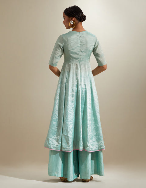 100% Authentic Mint Zari Anarkali & Chanderi Palazzo with Embroidered Katan Dupatta (Set of 3) | Vinusto