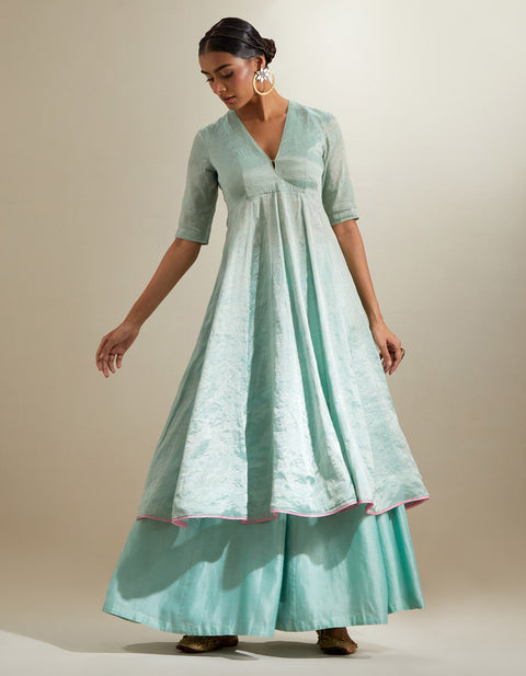 Buy Mint Zari Anarkali & Chanderi Palazzo with Embroidered Katan Dupatta (Set of 3) | Vinusto