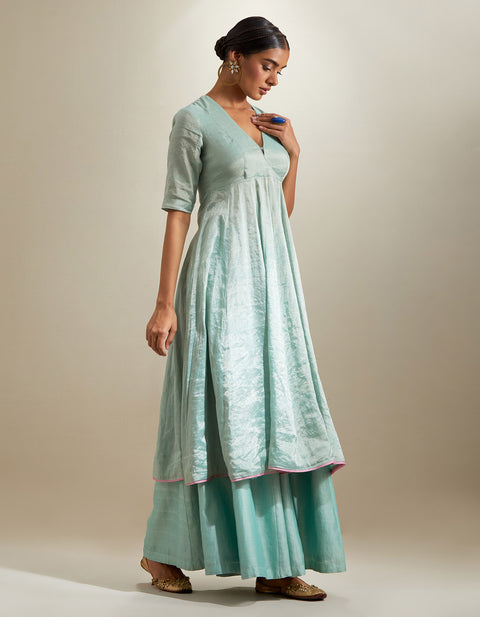 Premium Mint Zari Anarkali & Chanderi Palazzo with Embroidered Katan Dupatta (Set of 3) | Vinusto