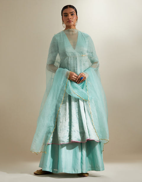 Shop Mint Zari Anarkali & Chanderi Palazzo with Embroidered Katan Dupatta (Set of 3) | Vinusto
