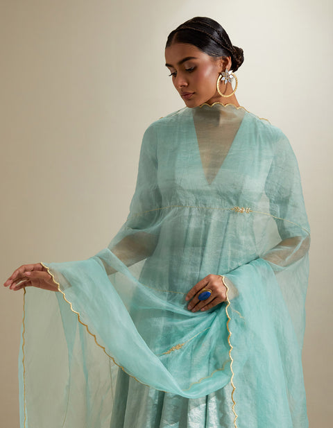 Luxury Mint Zari Anarkali & Chanderi Palazzo with Embroidered Katan Dupatta (Set of 3) | Vinusto