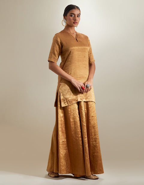 Premium Gold Zari Short Kurta & Sharara with Hot Pink Embroidered Dupatta (Set of 3) | Vinusto