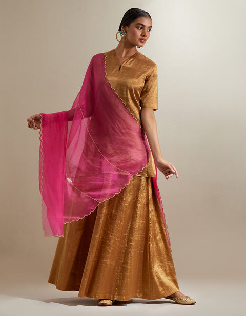 Shop Gold Zari Short Kurta & Sharara with Hot Pink Embroidered Dupatta (Set of 3) | Vinusto