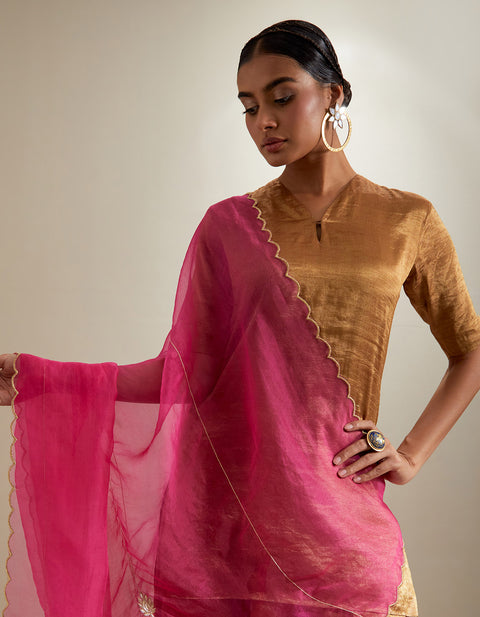 Order Gold Zari Short Kurta & Sharara with Hot Pink Embroidered Dupatta (Set of 3) | Vinusto