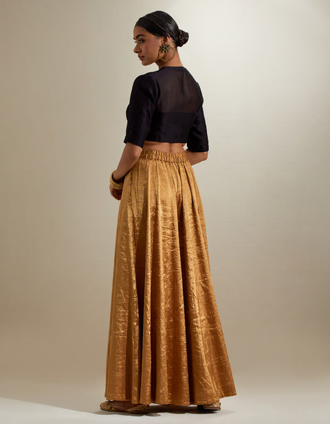 100% Authentic  Black & Gold Crop Top with Flared Zari Palazzo and Embroidered Dupatta (Set of 3) | Vinusto