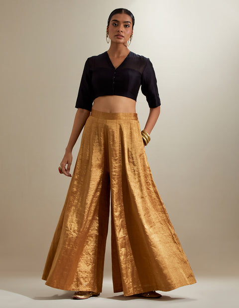 Buy Black & Gold Crop Top with Flared Zari Palazzo and Embroidered Dupatta (Set of 3) | Vinusto