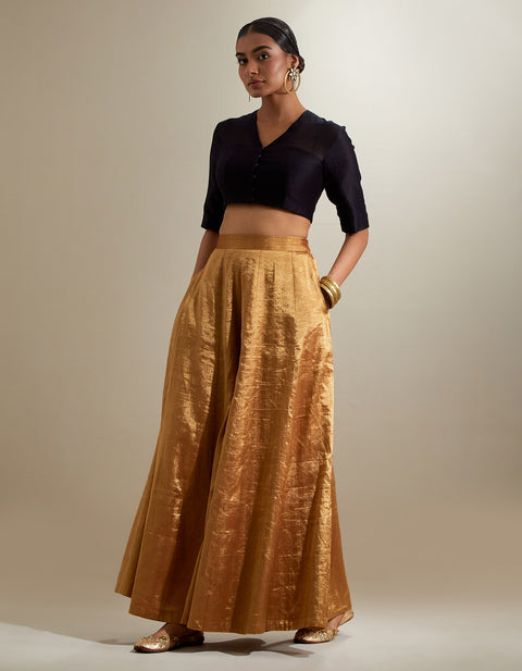 Premium Black & Gold Crop Top with Flared Zari Palazzo and Embroidered Dupatta (Set of 3) | Vinusto