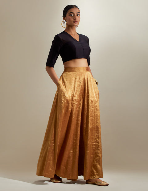 Luxury Black & Gold Crop Top with Flared Zari Palazzo and Embroidered Dupatta (Set of 3) | Vinusto