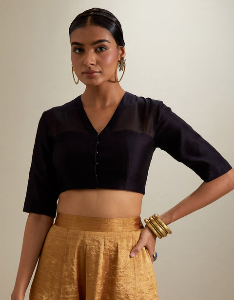 Handcraft Black & Gold Crop Top with Flared Zari Palazzo and Embroidered Dupatta (Set of 3) | Vinusto