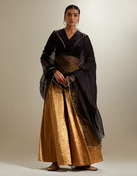 Shop Black & Gold Crop Top with Flared Zari Palazzo and Embroidered Dupatta (Set of 3) | Vinusto