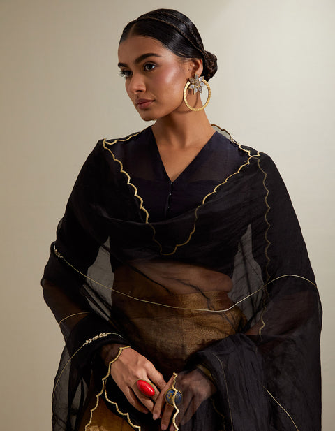 Order Black & Gold Crop Top with Flared Zari Palazzo and Embroidered Dupatta (Set of 3) | Vinusto
