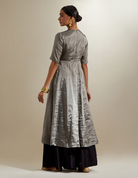 Handcraft Silver Black Zari Anarkali with Hot Pink Embroidered Dupatta | Vinusto
