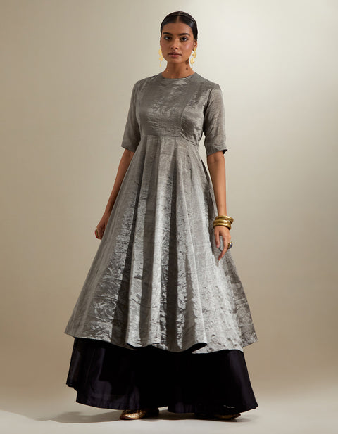 Luxury Silver Black Zari Anarkali with Hot Pink Embroidered Dupatta | Vinusto
