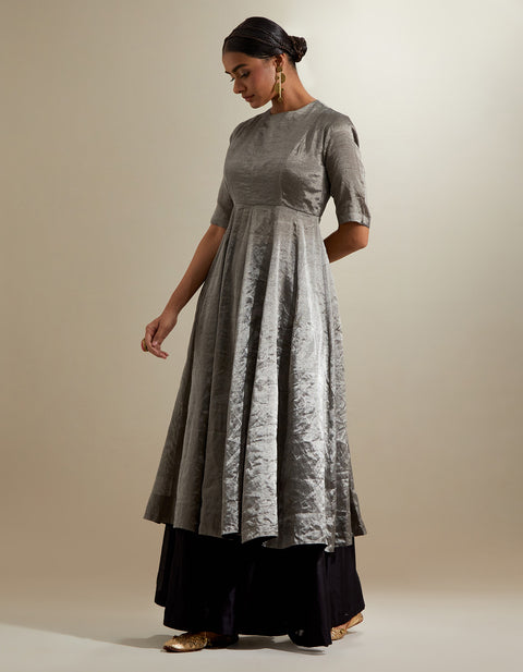 Premium Silver Black Zari Anarkali with Hot Pink Embroidered Dupatta | Vinusto