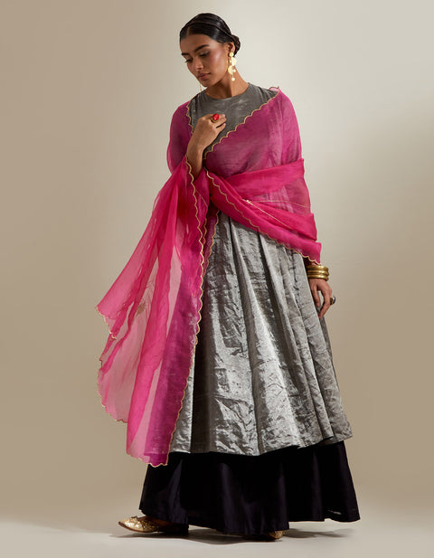 Shop Silver Black Zari Anarkali with Hot Pink Embroidered Dupatta | Vinusto