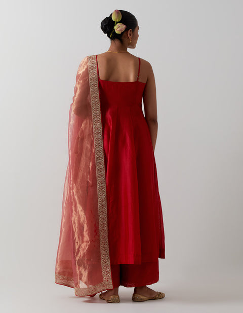 Premium Red Embroidered Chanderi Anarkali Set | Vinusto