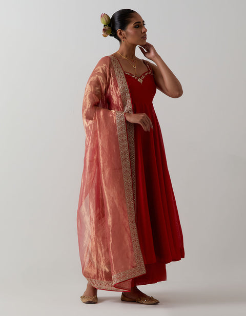 Luxury Red Embroidered Chanderi Anarkali Set | Vinusto
