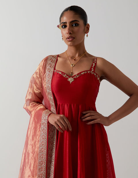 Order Red Embroidered Chanderi Anarkali Set | Vinusto
