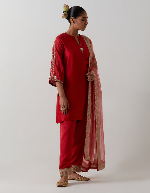 Luxury Red Embroidered Kurta Set with Raglan Sleeves | Vinusto