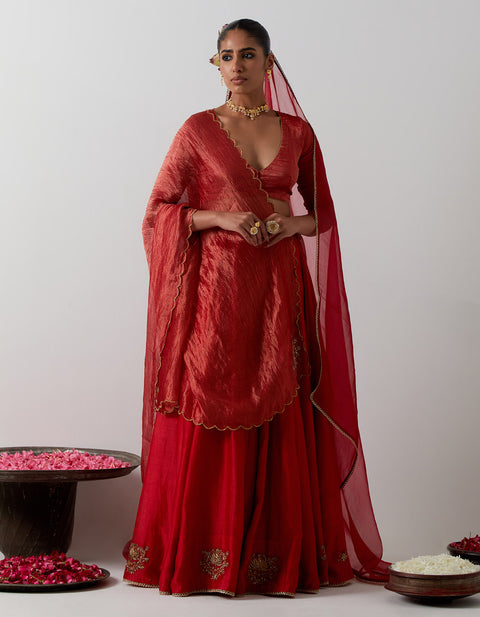 Shop Red Embroidered Chanderi Lehenga Set | Vinusto