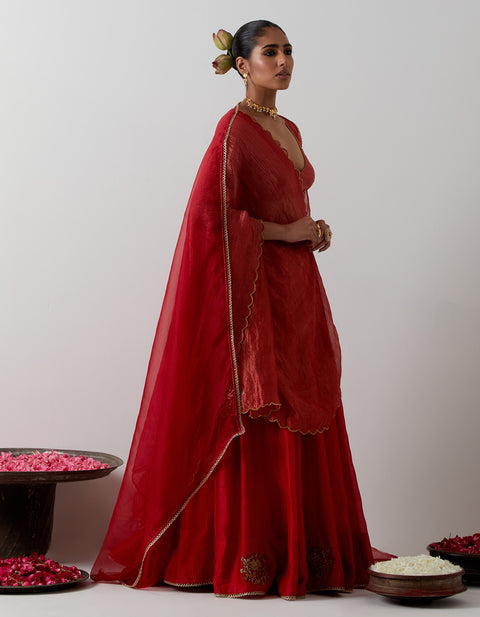 Premium Red Embroidered Chanderi Lehenga Set | Vinusto
