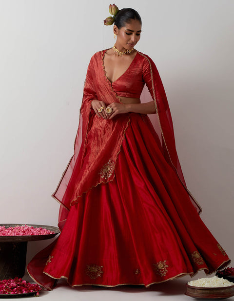 Luxury Red Embroidered Chanderi Lehenga Set | Vinusto